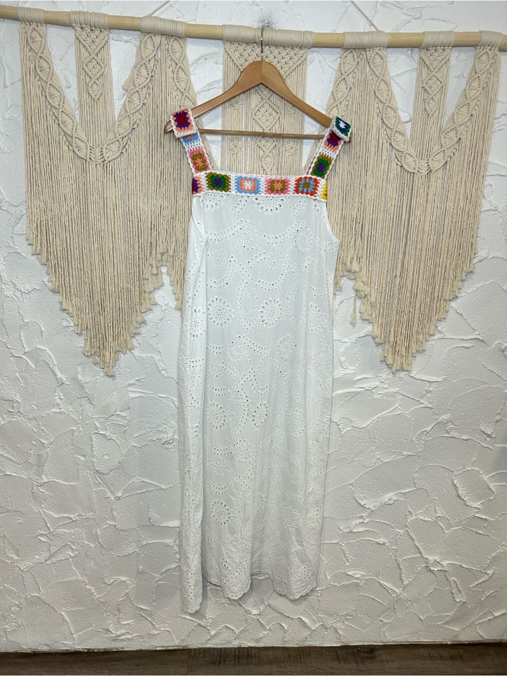 Boho White Eyelet Midi Dress Rainbow Crochet Granny Square Trim Square Neck
Lg